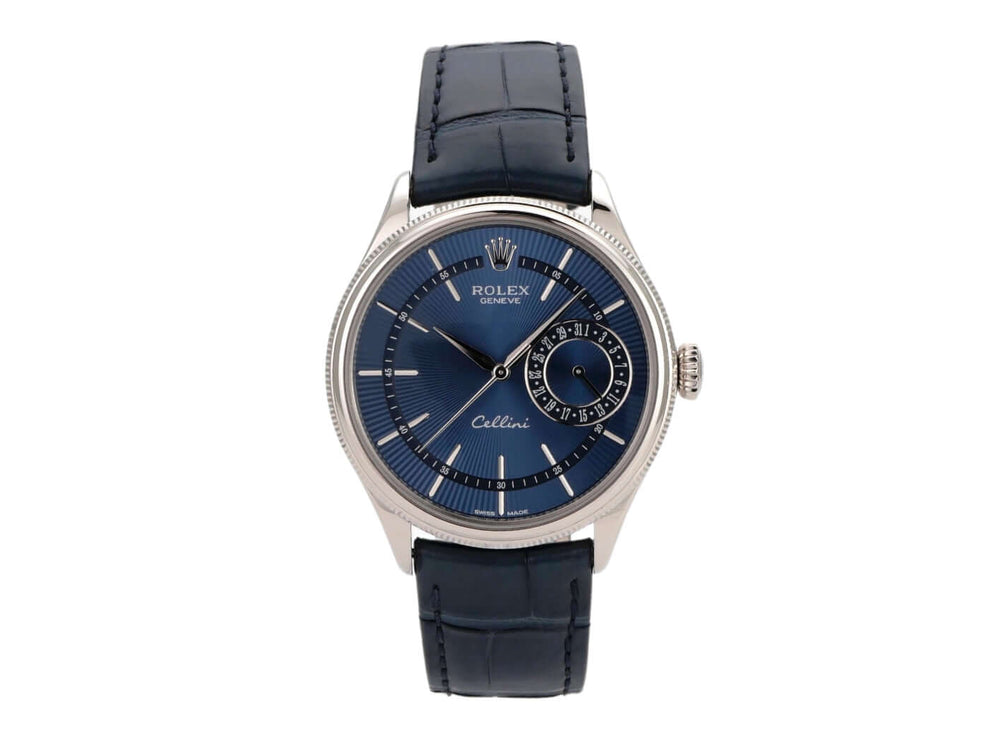 Rolex Cellini Date 50519 Blau, 39 mm, 18 kt Weißgold, blaues Zifferblatt, Krokoleder-Armband, Automatikwerk.