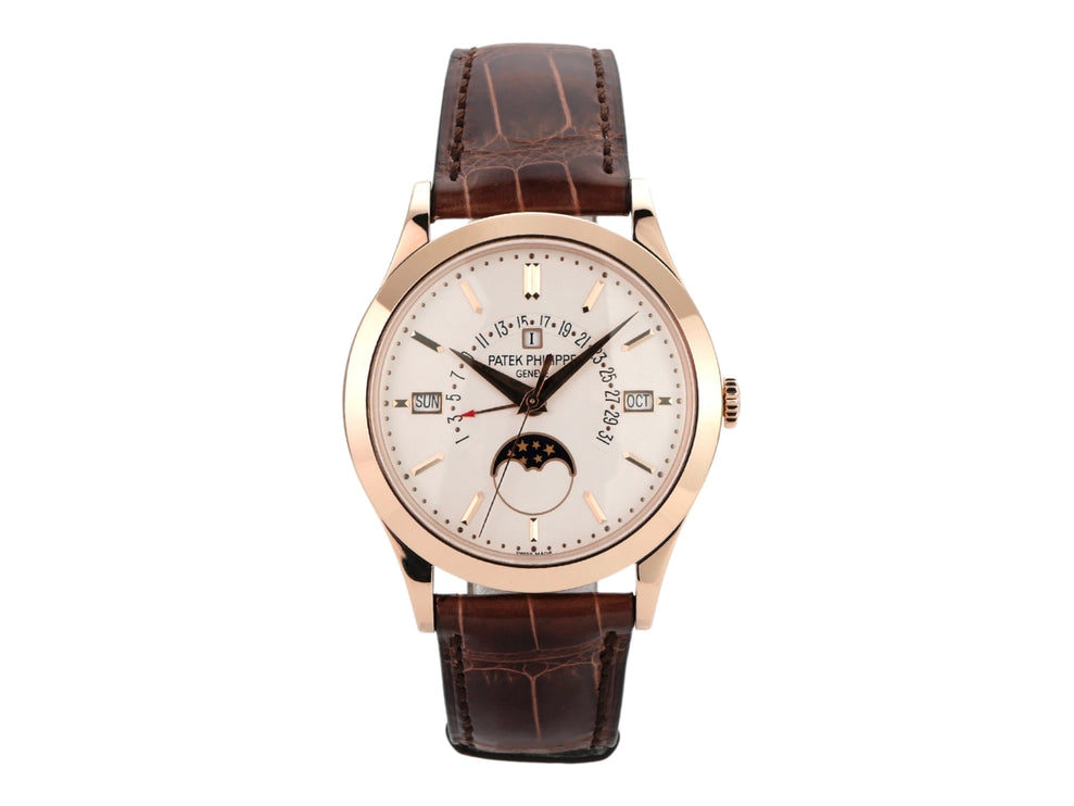 Patek Philippe Grand Complications Perpetual Calendar in 18 kt Roségold mit braunem Lederband und silberfarbenem Zifferblatt.