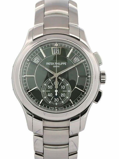 Patek Philippe Annual Calendar Chronograph 5905/1A-001 mit grünem Zifferblatt und Edelstahlgehäuse, Automatikwerk, Chronograph und Jahreskalender.