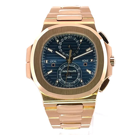 Patek Philippe Nautilus Travel Time 5990/1R-001 mit blauem Zifferblatt und Roségoldgehäuse, 40,5 mm Durchmesser, Automatikuhrwerk.