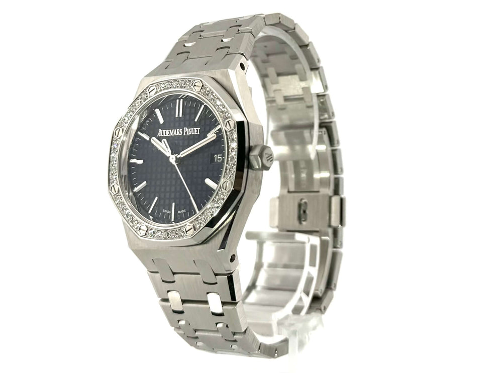 Audemars Piguet Royal Oak Automatik 77451ST.ZZ.1361ST.04 Edelstahlgehäuse mit 40 Diamanten und blauem Zifferblatt