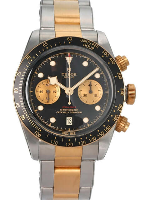 Tudor Heritage Black Bay Chrono 79363N-0001 in Edelstahl und Gelbgold mit schwarzem Zifferblatt und goldenen Details.