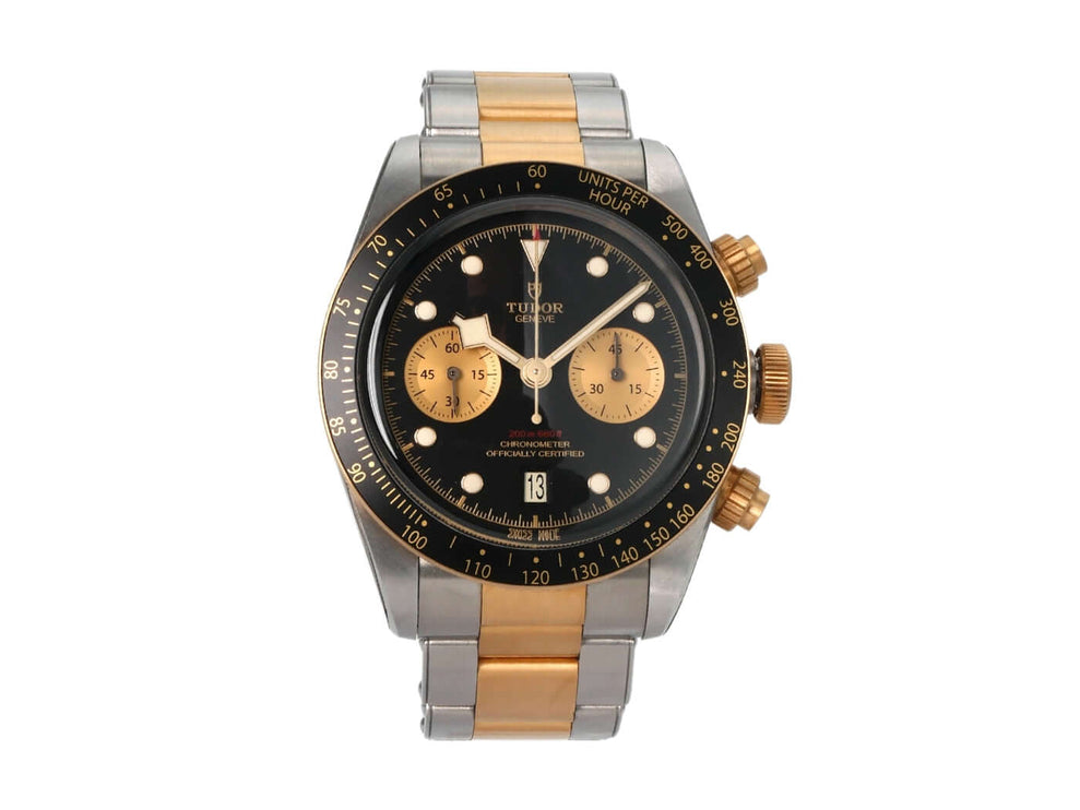 Tudor Heritage Black Bay Chrono Armbanduhr Stahl Gold mit schwarzem Zifferblatt und Leuchtindizes.