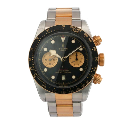 Tudor Heritage Black Bay Chrono Stahl Gold 79363N-0001, Edelstahl- und Gelbgoldgehäuse, schwarze Lünette, schwarzes Zifferblatt