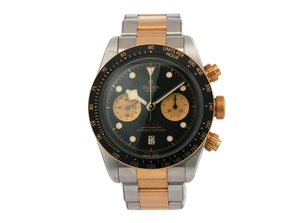 Tudor Heritage Black Bay Chrono Stahl Gold 79363N-0001, Edelstahl- und Gelbgoldgehäuse, schwarze Lünette, schwarzes Zifferblatt