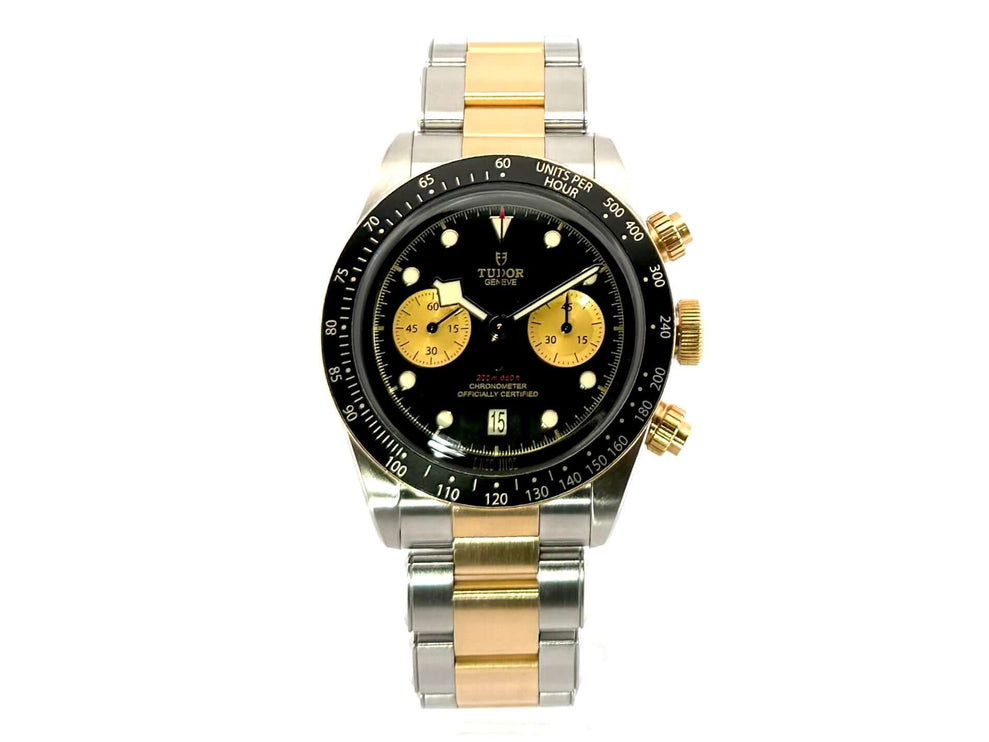 Tudor Black Bay Chrono Steel Gold 79363N-0001, Edelstahl und Gelbgold Gehäuse, 41 mm Durchmesser, schwarzes Zifferblatt, 60 Minuten Skala Lünette.