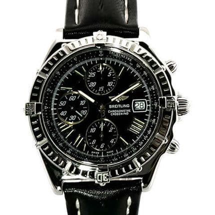 Breitling Crosswind Chronograph Ref. A13355-104, schwarzes Lederband, Edelstahlgehäuse, schwarzes Zifferblatt, römische Ziffern, aus 2001