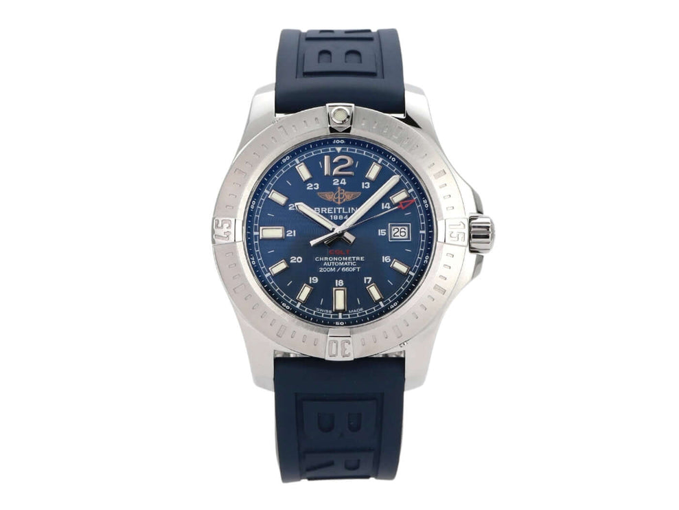 Breitling Colt Automatic A1738811.C906.158S.A20S.1, blaue Uhr mit Kautschukband und Leuchtindizes.