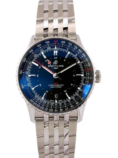 Breitling Navitimer Automatic GMT 41 Ref. A32310251B1A1 mit blauem Zifferblatt, poliertem Edelstahlgehäuse, drehbarer Lünette und Edelstahlband.