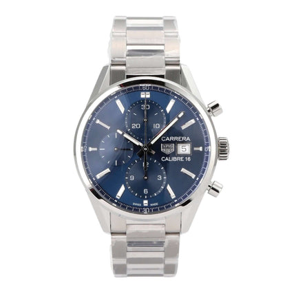 TAG Heuer Carrera Calibre 16 Chronograph CBK2112.BA0715 mit blauem Zifferblatt und Edelstahlband.