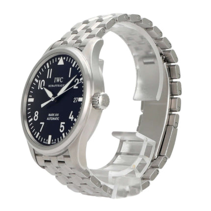 IWC Pilots Watch Mark XVI IW325501 in Edelstahl mit schwarzem Zifferblatt und Edelstahlarmband.