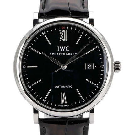 IWC Portofino Automatik IW356502 Uhr mit schwarzem Zifferblatt und Lederarmband, Edelstahlgehäuse, Automatikuhr.