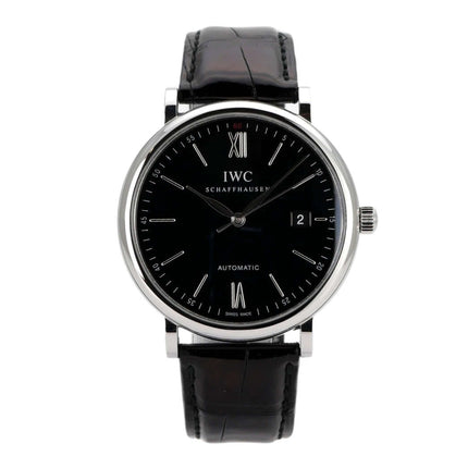 IWC Portofino Automatik IW356502, schwarze Zifferblatt, schwarzes Lederarmband, Edelstahlgehäuse, elegantes Design.