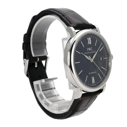 IWC Portofino Automatik IW356502 mit schwarzem Lederarmband und elegantem Zifferblatt, Automatikwerk sichtbar.