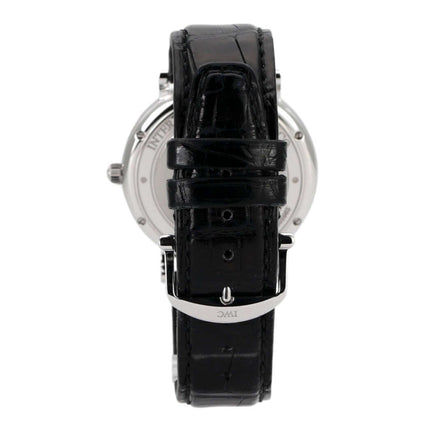 Rückansicht der IWC Portofino Automatik IW356502 mit schwarzem Lederarmband und Edelstahlgehäuse.