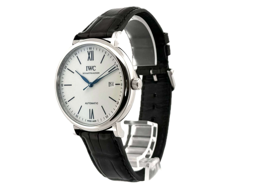 IWC Portofino Automatik Edition 150 Jahre IW356519 Uhr mit poliertem Edelstahlgehäuse, schwarzem Lederarmband und silberfarbenem Zifferblatt