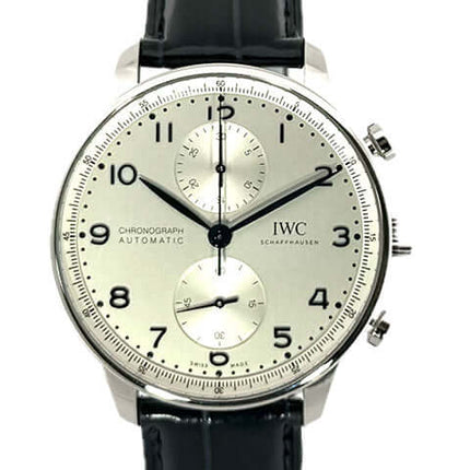 IWC Portugieser Chronograph IW371605 mit silbernem Zifferblatt und blauem Alligatorlederband