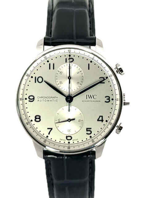 IWC Portugieser Chronograph IW371605 mit silbernem Zifferblatt und blauem Alligatorlederband