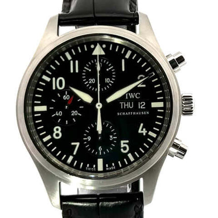 IWC Fliegeruhr Chronograph IW371701 mit schwarzem Lederband und schwarzem Zifferblatt, Edelstahlgehäuse, sehr guter Zustand, gebraucht.