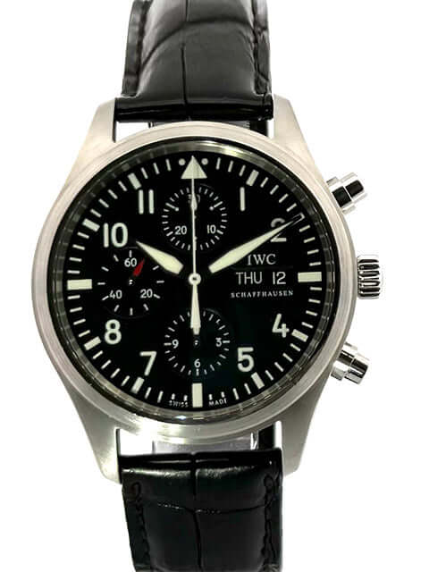 IWC Fliegeruhr Chronograph IW371701 mit schwarzem Lederband und schwarzem Zifferblatt, Edelstahlgehäuse, sehr guter Zustand, gebraucht.