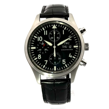 IWC Fliegeruhr Chronograph IW371701 mit schwarzem Lederband und schwarzem Zifferblatt, Edelstahlgehäuse, Automatikwerk, in sehr gutem Zustand.