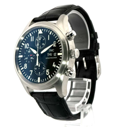 IWC Fliegeruhr Chronograph IW371701 mit poliertem Edelstahlgehäuse, schwarzem Lederband und Zifferblatt, Automatikwerk, in sehr gutem Zustand