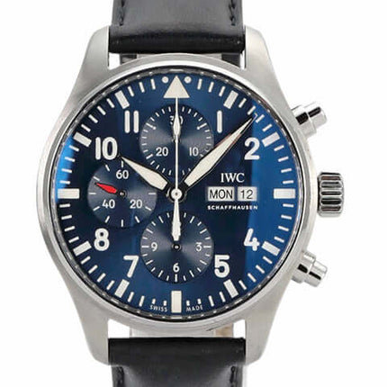 IWC Fliegeruhr Chronograph IW377714 mit blauem Zifferblatt, Edelstahlgehäuse und schwarzem Lederband.