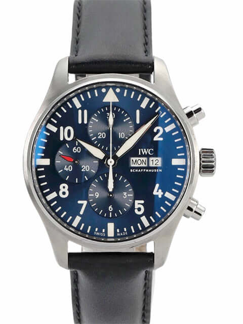 IWC Fliegeruhr Chronograph IW377714 mit blauem Zifferblatt, Edelstahlgehäuse und schwarzem Lederband.