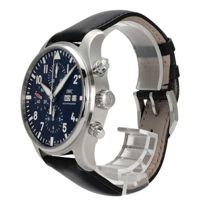 IWC Fliegeruhr Chronograph Edition Le Petit Prince IW377714 mit blauem Zifferblatt und schwarzem Lederband.