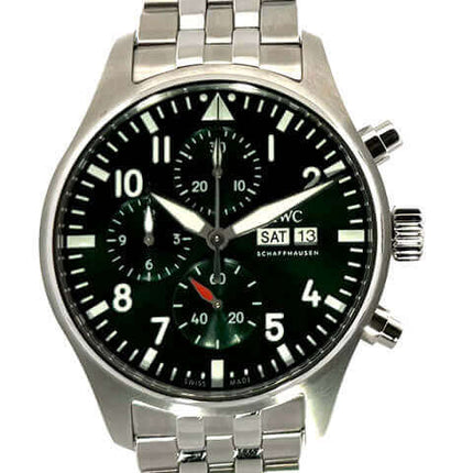 IWC Pilot's Watch Chronograph IW378006 Edelstahlgehäuse, 43 mm, grünes Zifferblatt, Edelstahlarmband, Chronograph, Automatikwerk, Datums- und Wochentagsanzeige.