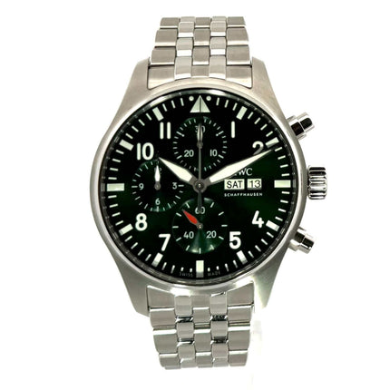 IWC Pilot's Watch Chronograph IW378006 mit grünem Zifferblatt, Edelstahlgehäuse und -band, Automatikwerk, und Datumsanzeige.