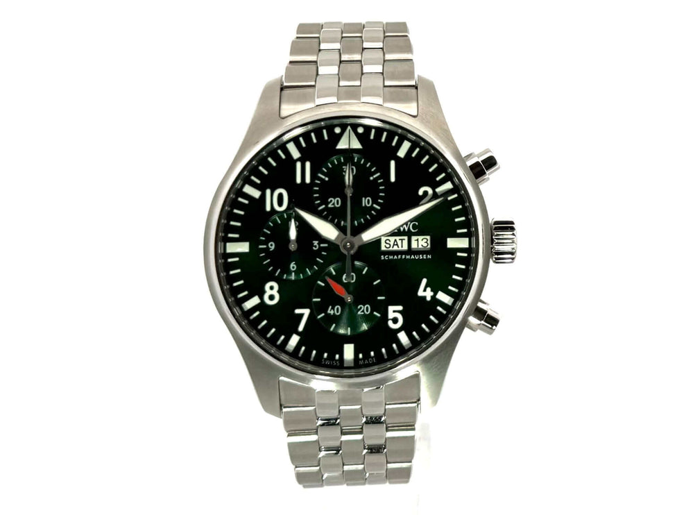 IWC Pilot's Watch Chronograph IW378006 mit grünem Zifferblatt, Edelstahlgehäuse und -band, Automatikwerk, und Datumsanzeige.