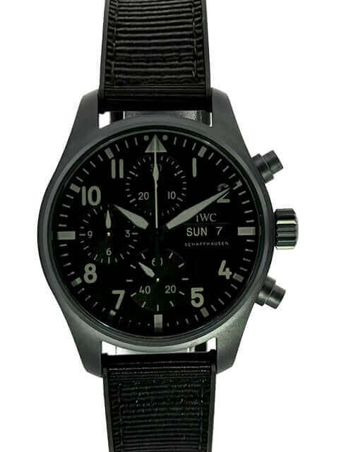 IWC Pilots Watch Chronograph 41 Top Gun Ceratanium IW388106 mit schwarzem Zifferblatt, Ceratanium-Gehäuse und schwarzem Kautschukband