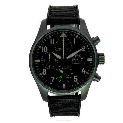 IWC Pilots Watch Chronograph 41 Top Gun Ceratanium IW388106 mit schwarzem Zifferblatt und schwarzem Kautschukband