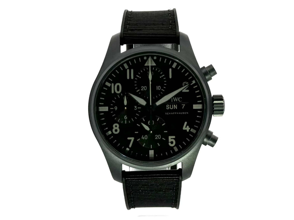 IWC Pilots Watch Chronograph 41 Top Gun Ceratanium IW388106 mit schwarzem Zifferblatt und schwarzem Kautschukband