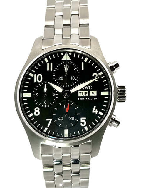 IWC Pilot's Watch Chronograph IW388113 mit Edelstahlgehäuse und Zifferblatt in Schwarz, Edelstahlband, Automatikwerk, Datums- und Wochentagsanzeige.