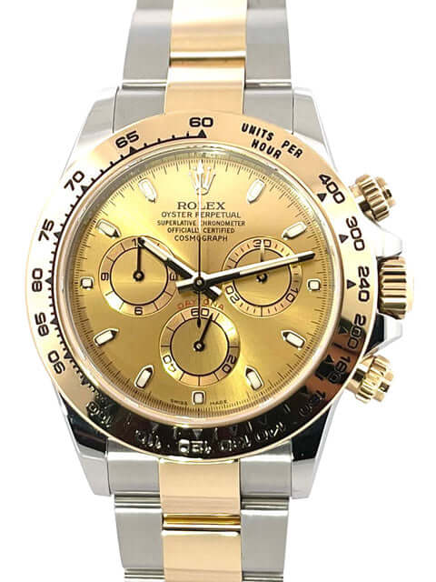 Rolex Daytona Edelstahl Gelbgold 116503 Champagner mit Tachymeterskala und Champagnerfarbenes Zifferblatt.