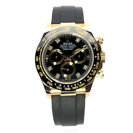 Rolex Daytona 116518LN Gelbgold Oysterflex schwarz Diamantzifferblatt mit Tachymeterskala und Keramik-Lünette.