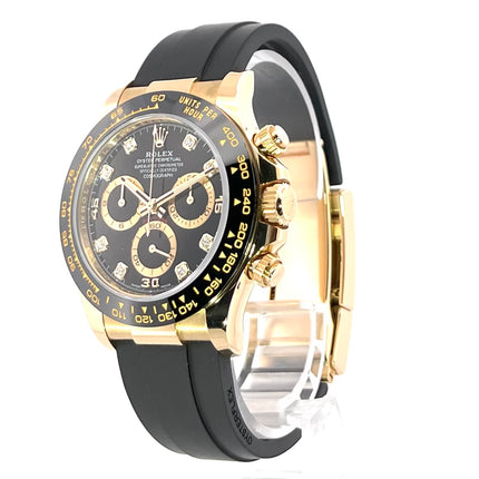 Rolex Daytona 116518LN Gelbgold/Oysterflex, schwarzes Diamantzifferblatt, Keramiklünette, 40mm, Tachymeterskala, luxuriöser Chronograph.