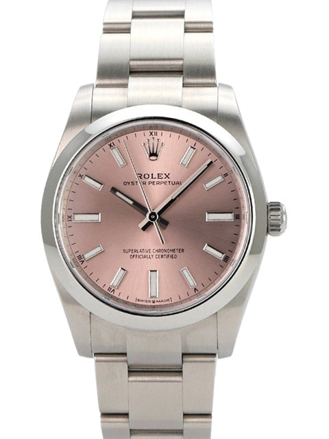 Rolex Oyster Perpetual 34 mm 124200 mit pinkfarbenem Zifferblatt und Edelstahlband