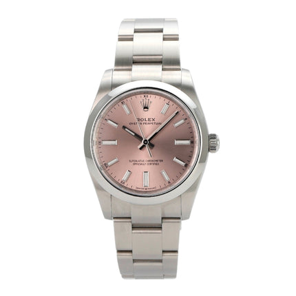 Rolex Oyster Perpetual 34 mm 124200 mit pinkfarbenem Zifferblatt und Edelstahlband.