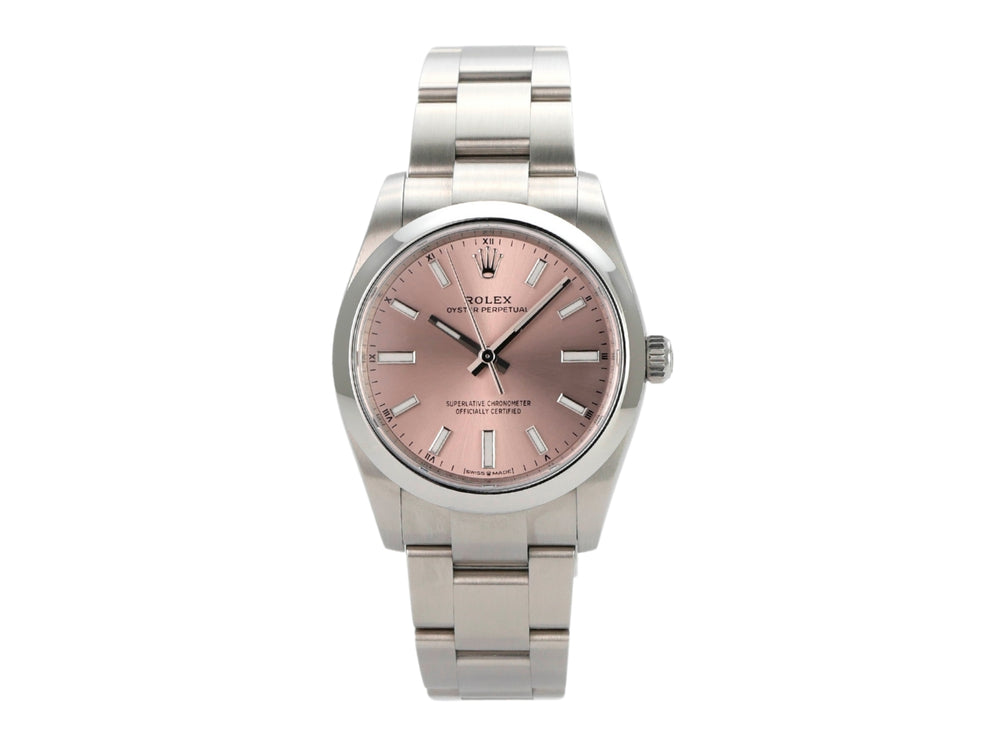 Rolex Oyster Perpetual 34 mm 124200 mit pinkfarbenem Zifferblatt und Edelstahlband.