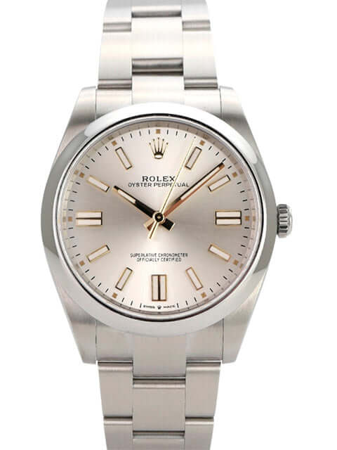 Rolex Oyster Perpetual 41 Ref. 124300 mit silbernem Zifferblatt und Edelstahlband, wasserdicht bis 10 bar.