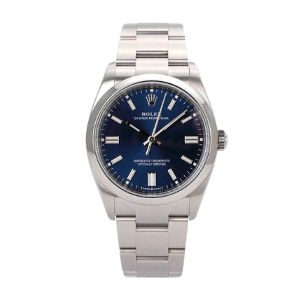 Rolex Oyster Perpetual 36 Ref. 126000 mit blauem Zifferblatt und Edelstahlarmband, wasserdicht bis 10 bar.