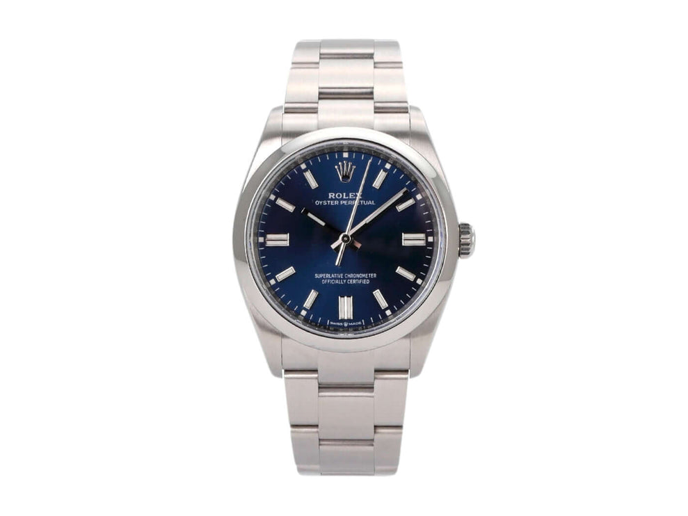 Rolex Oyster Perpetual 36 Ref. 126000 mit blauem Zifferblatt und Edelstahlarmband, wasserdicht bis 10 bar.