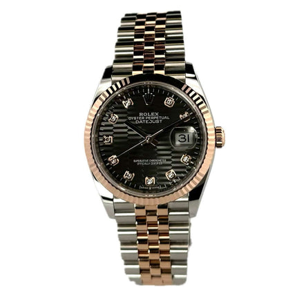 Rolex Datejust 36 Uhr, Oystersteel und Everose-Gold, graues Riffelmuster-Zifferblatt mit Diamanten, Jubile-Armband, Ref. 126231