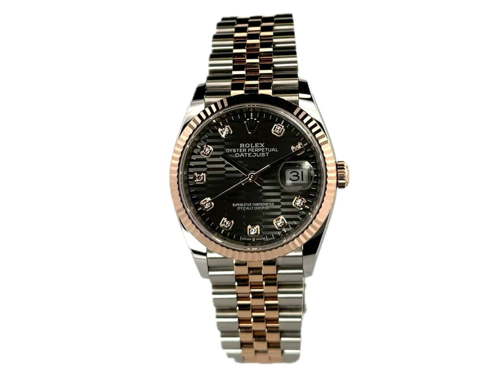 Rolex Datejust 36 Uhr, Oystersteel und Everose-Gold, graues Riffelmuster-Zifferblatt mit Diamanten, Jubile-Armband, Ref. 126231