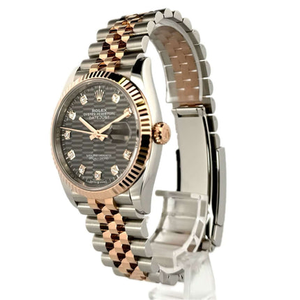 Rolex Datejust 36 Uhr, Oystersteel / Everose-Gold, Ref. 126231, graues Riffel-Zifferblatt mit Diamanten, Jubile-Armband, Automatikwerk