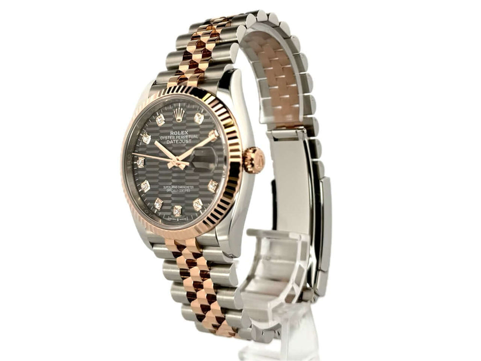 Rolex Datejust 36 Uhr, Oystersteel / Everose-Gold, Ref. 126231, graues Riffel-Zifferblatt mit Diamanten, Jubile-Armband, Automatikwerk