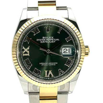 Rolex Datejust 36 126233 in Edelstahl und Gelbgold mit olivfarbenem Zifferblatt, Diamant-Ziffern, römischen Ziffern und Oyster-Armband.